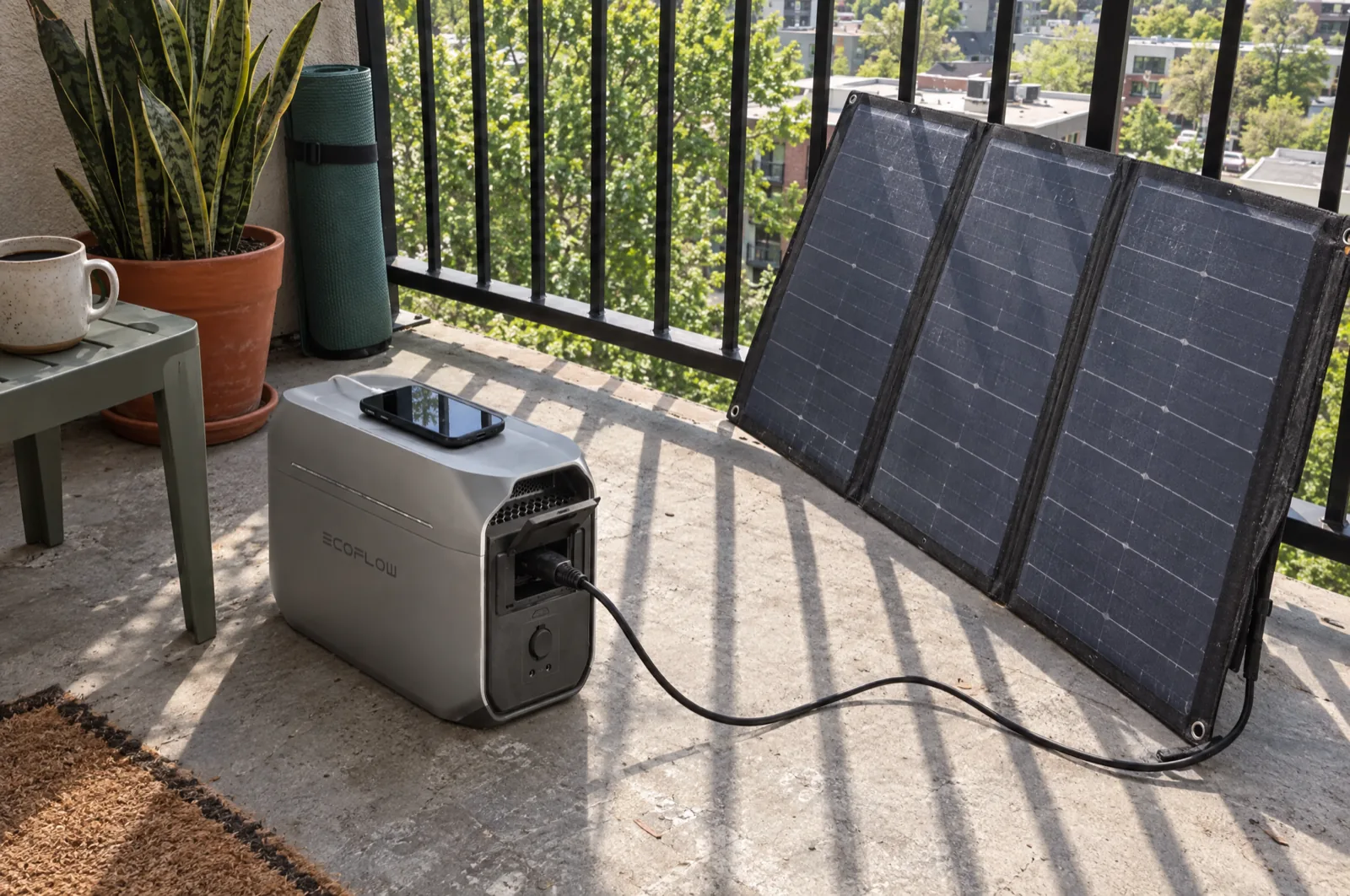 On a sunny apartment balcony, an EcoFlow DELTA 3 Plus power station sits on the concrete floor with a phone on top; the cover on its back panel is flipped up and a black solar cable runs from the port behind it across the floor to a folding three-panel solar blanket leaning against the railing. A snake plant, a rolled yoga mat and a side table with a mug stand nearby.