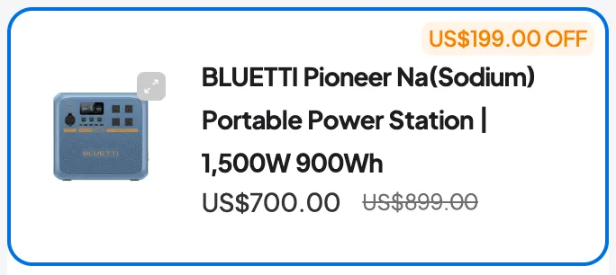 BLUETTI product page option for the Pioneer Na priced US$700.00, with US$899.00 crossed out and a US$199.00 OFF tag.