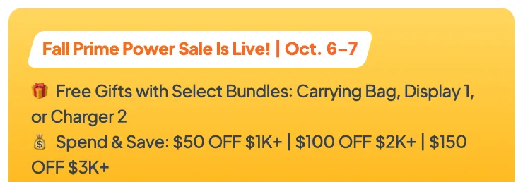 BLUETTI promo box reading “Fall Prime Power Sale Is Live! Oct. 6–7”, with free gifts on select bundles and spend-and-save tiers: $50 off $1K+, $100 off $2K+, $150 off $3K+.