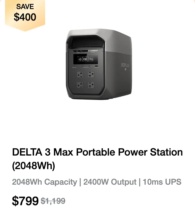EcoFlow product card for the DELTA 3 Max (2048Wh) with a SAVE $400 badge and a price of $799, with $1,199 crossed out.