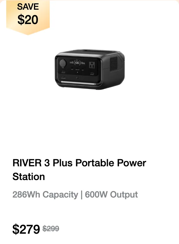 EcoFlow product card for the RIVER 3 Plus with a SAVE $20 badge and a price of $279, with $299 crossed out.