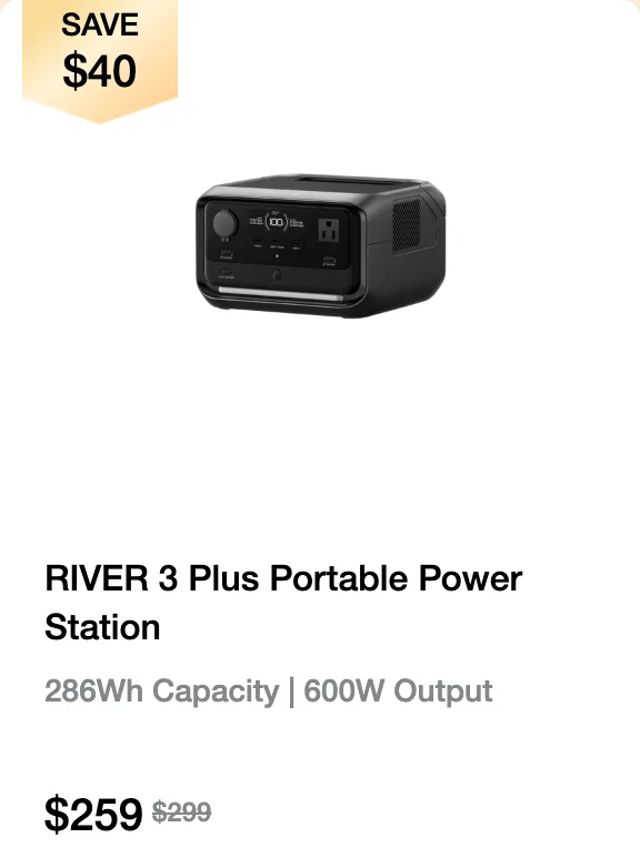 The same RIVER 3 Plus card two days later with a SAVE $40 badge and a price of $259, with $299 crossed out.