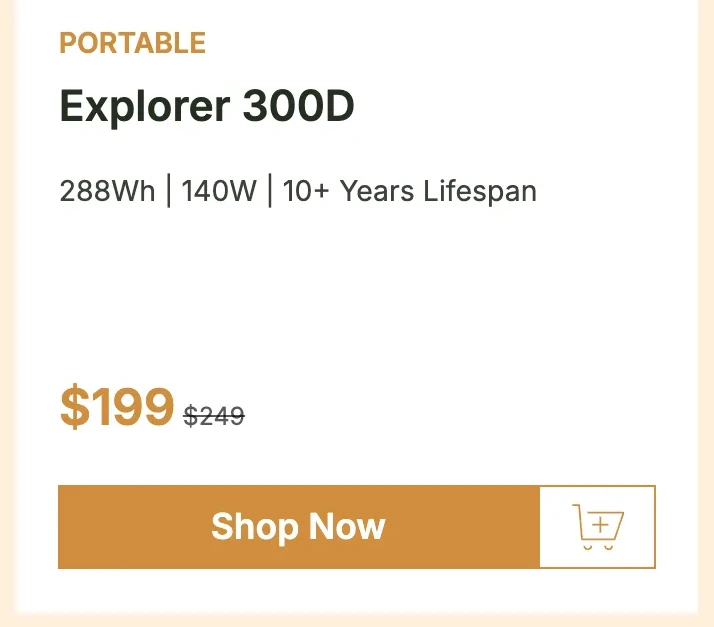 Jackery sale-page card for the Explorer 300D, 288Wh, priced $199 with $249 crossed out. The crop starts below the card’s ribbon and the empty space where the archive did not save the product photo.