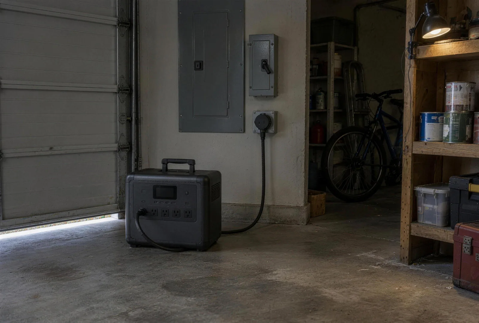In a home garage, an unbranded dark grey power station sits on the concrete floor, its cord running to a round inlet box on the wall beneath a breaker panel and a small manual transfer switch; a clamp lamp lights a shelf of paint cans and a bicycle.