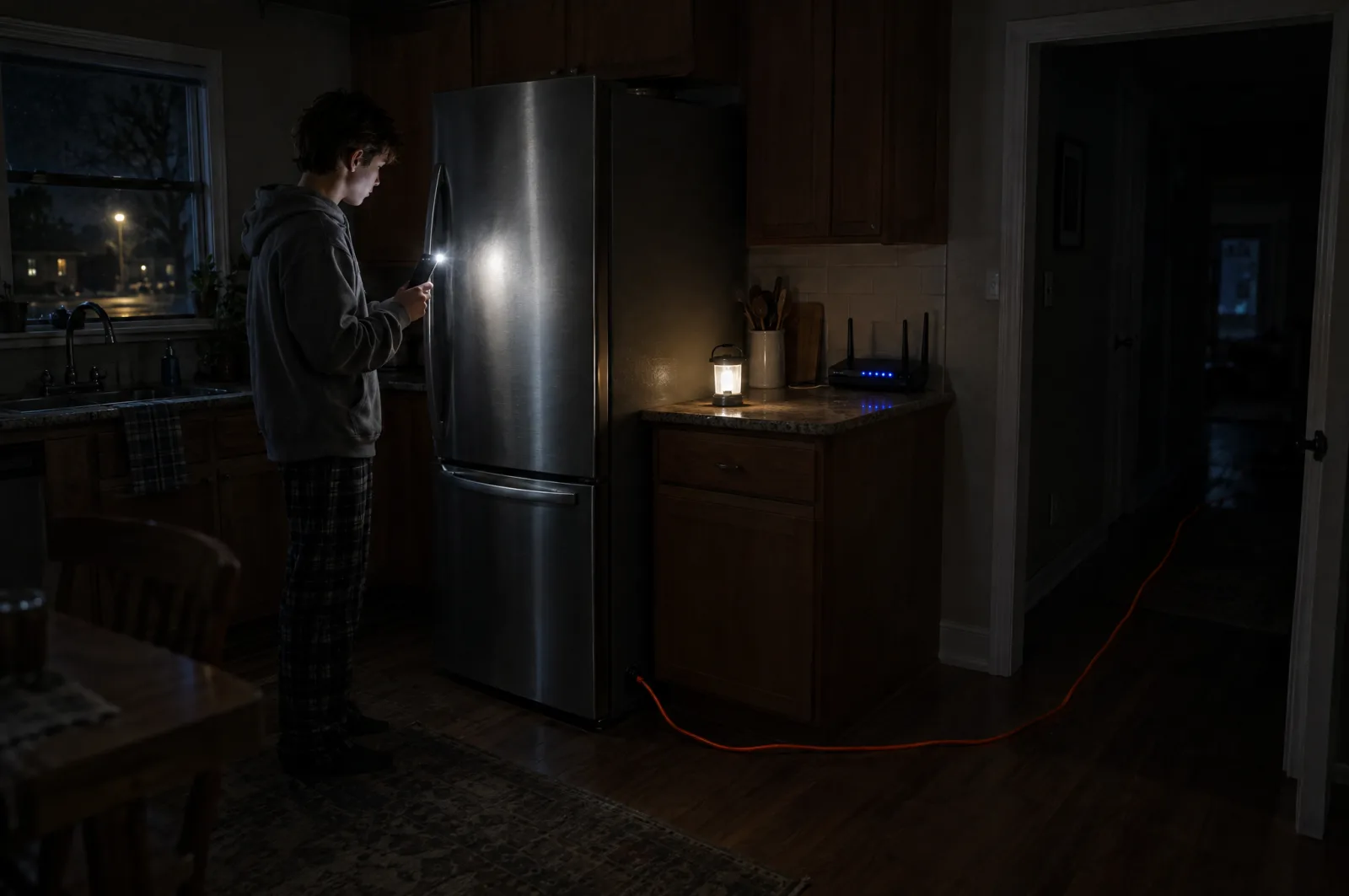 A family kitchen at night with the ceiling lights off: a teenage boy in a hoodie points his phone's flashlight at a stainless refrigerator that is running from an orange extension cord trailing out through the doorway, while a battery lantern and a router with blue lights sit on the counter.