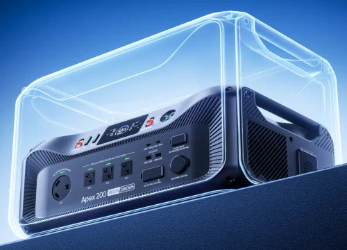 BLUETTI render of the Apex 200 front panel inside a translucent outline of its carrying shape, showing an RV outlet, three household outlets and a badge reading 3600W 2560Wh