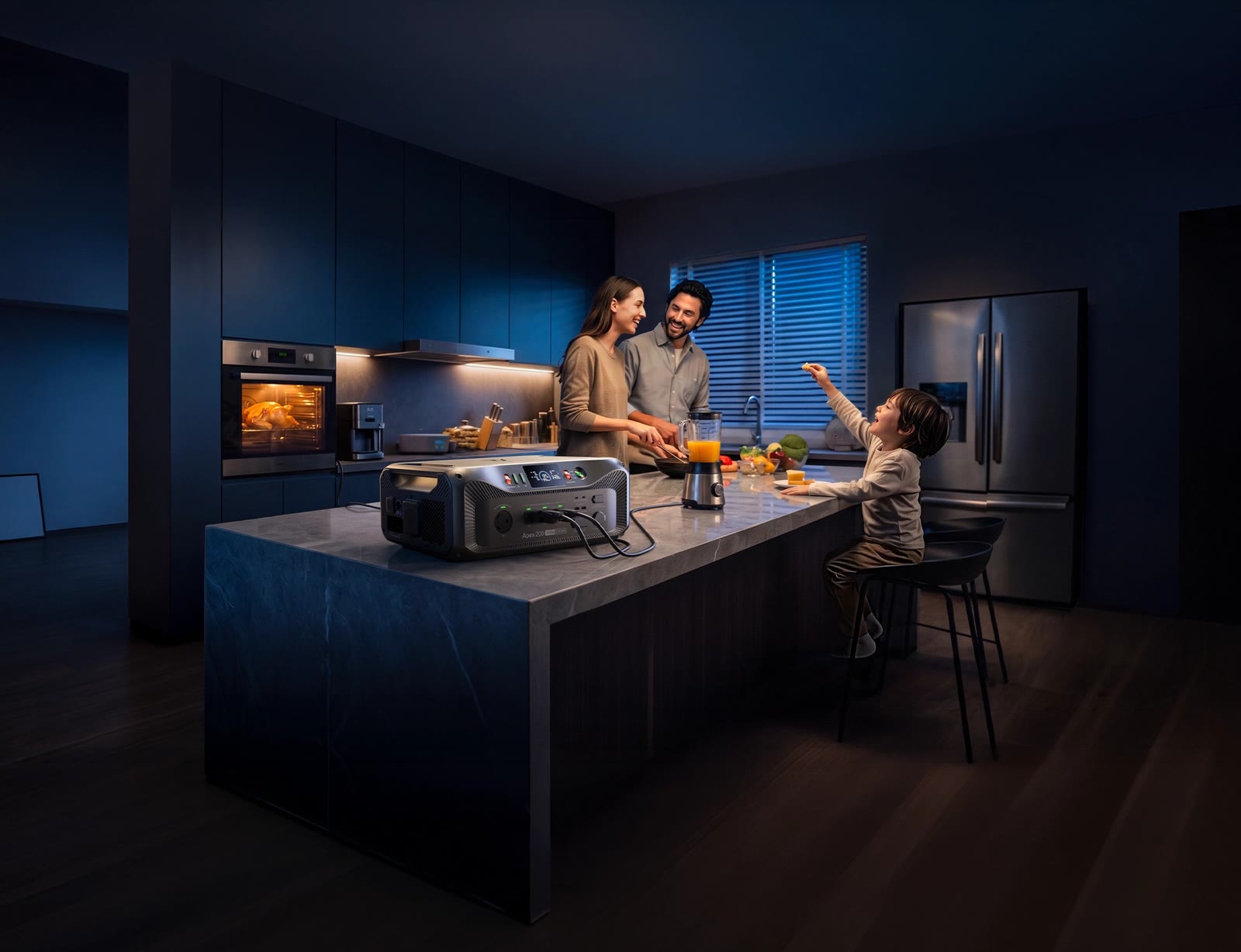BLUETTI Apex 200 on a kitchen island with cables running to a blender, a family cooking in a dark kitchen, in BLUETTI’s launch image