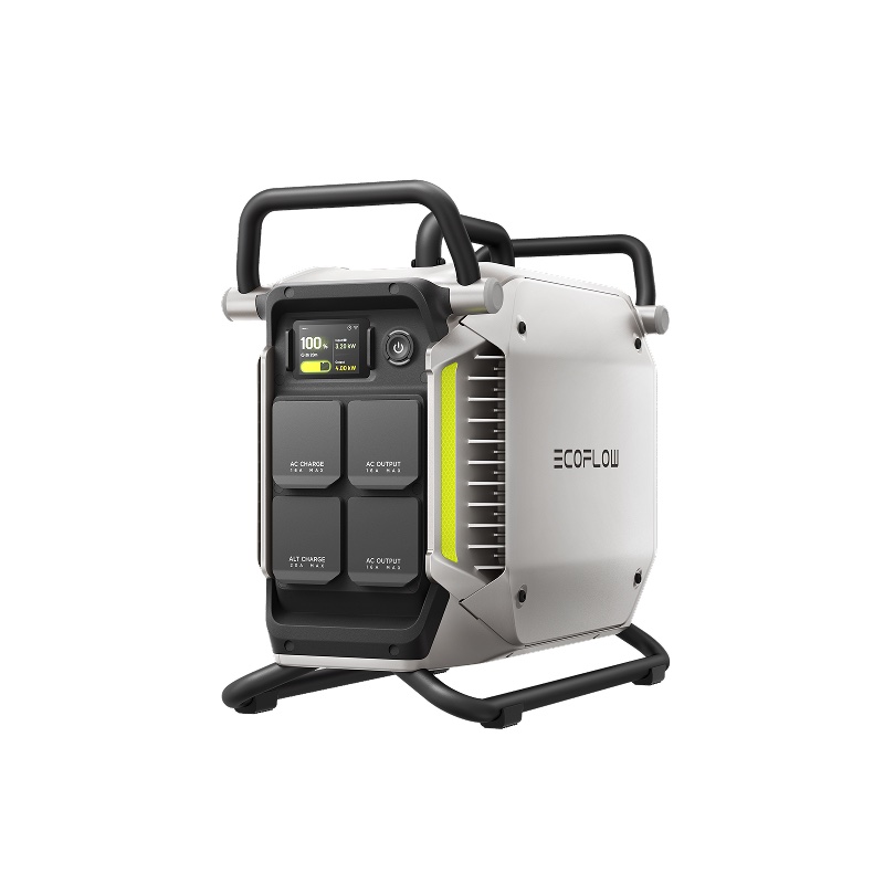 EcoFlow PowerRock 4000: a silver metal cased power station in a black tubular roll cage, with twin tube carry handles on top, a colour display and a two-by-two grid of capped industrial sockets on its control face, and a finned heat sink with a yellow-green light bar along its flank